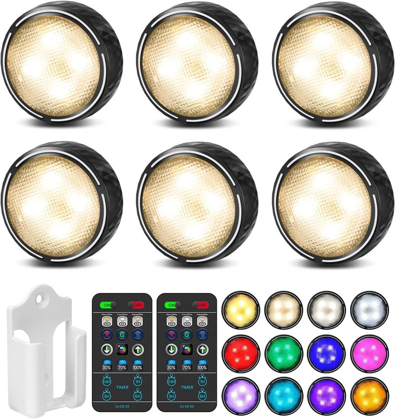 TECOMLIGHT Store LED Puck Lights with Remote Control, Battery Operated Wireless Closet Light, Under Cabinet Lighting Stick on Tap Push Lights, Color Changing Under Counter Light for Kitchen, 6 Pack - Black - Image 1